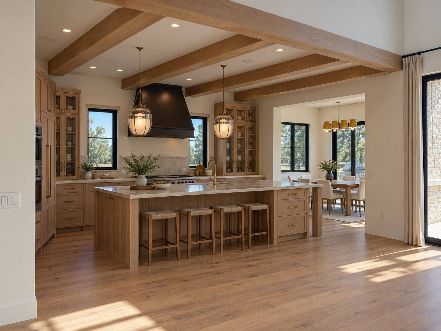 Hill Country custom home kitchen with white oak beams and a blackened steel range hood